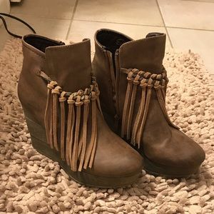 Tan fringe booties